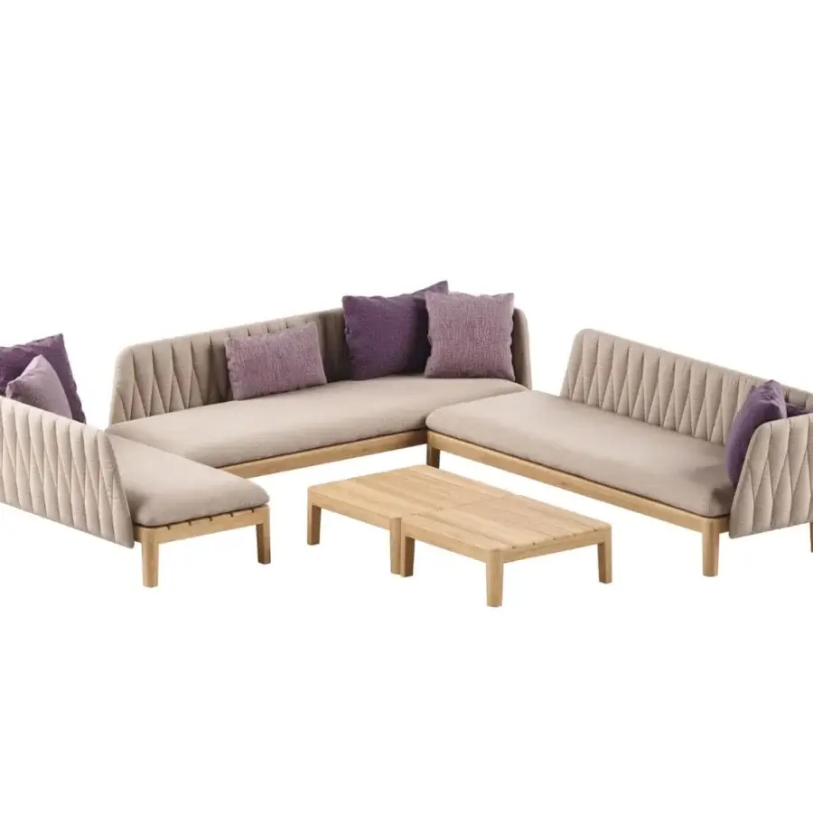 Exceptional Royal Botania Calypso lounge sectional with light-toned teak base, stainless steel backrests and stylish purple cushions in beige upholstery