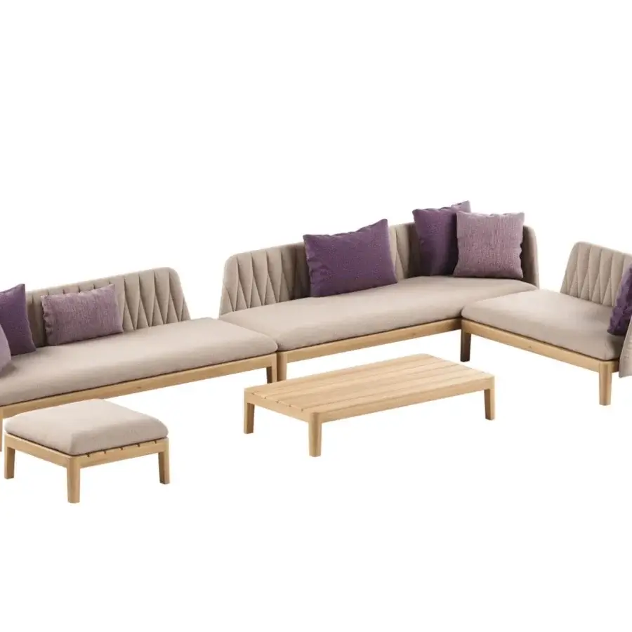 Superior Royal Botania Calypso lounge sectional with light-toned teak base, light beige cushions and detachable stainless steel backrests