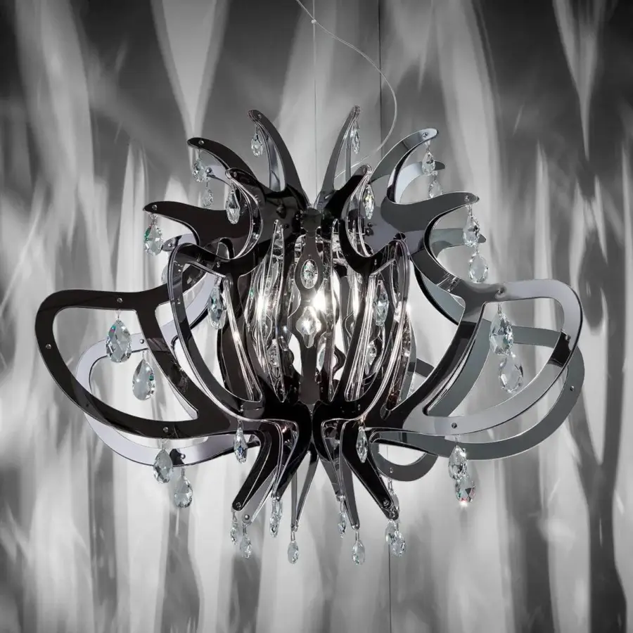 Distinguished Slamp Medusa suspension lamp with floral form crafted in technopolymers and dark-toned metal with glossy finish adorned with Swarovski® crystals