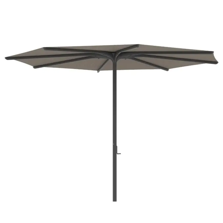Superior Royal Botania Bloom umbrella crafted with light brown textile, aluminum ribs and a matte dark gray stainless steel pole