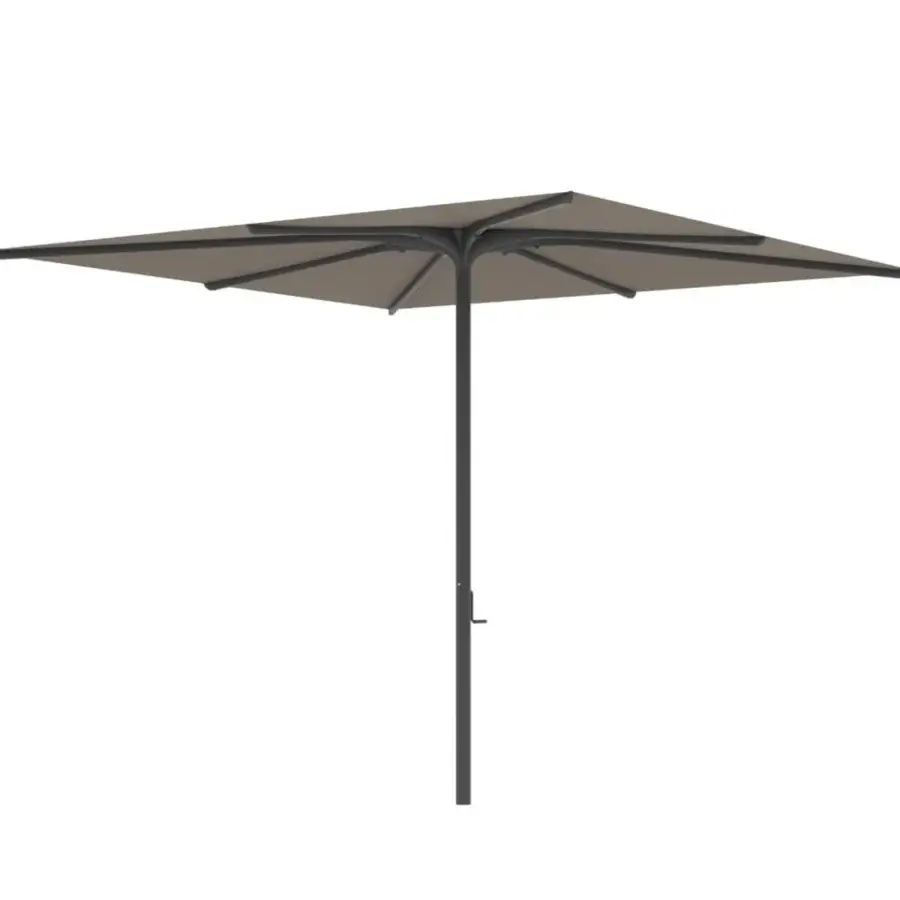 Exclusive Royal Botania Bloom umbrella with a muted grayish-brown textile canopy and stainless steel pole, exhibiting a matte finish