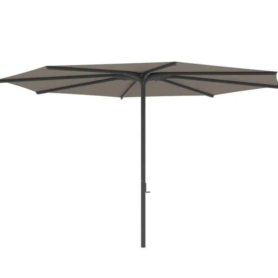 Elegant Royal Botania Bloom umbrella with a light brown fabric canopy and dark-toned metal frame exhibiting geometric design