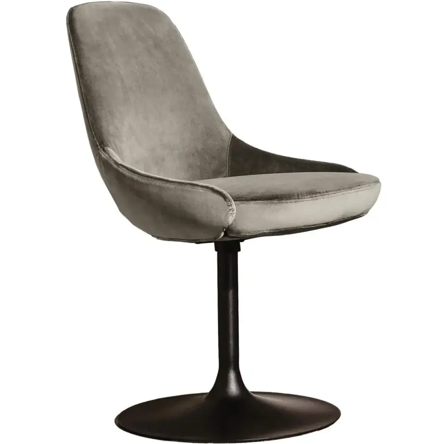 Elegant Sovet Italia Cadira chair upholstered in muted gray textile with lacquered embossed black metal base