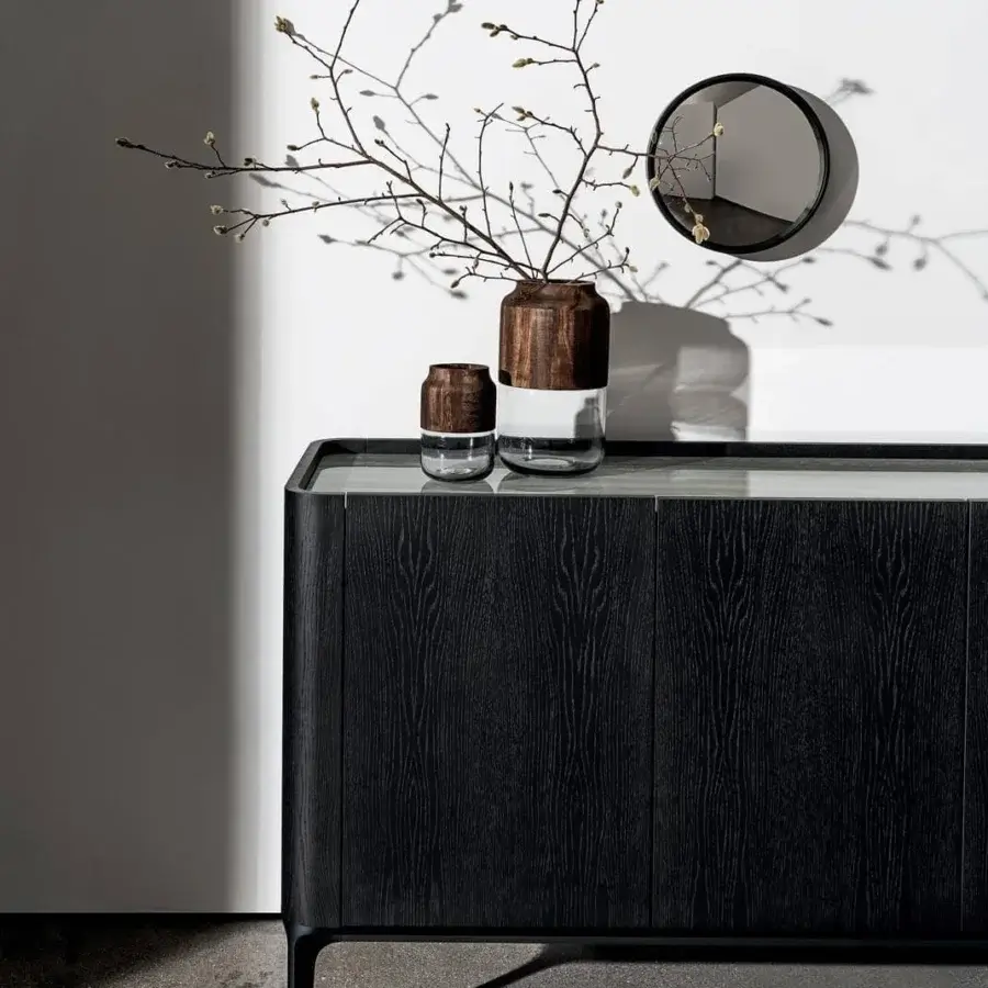 Exclusive Sovet Italia Madia Slim sideboard with wengé-stained oak and light-toned top in a dark matte finish