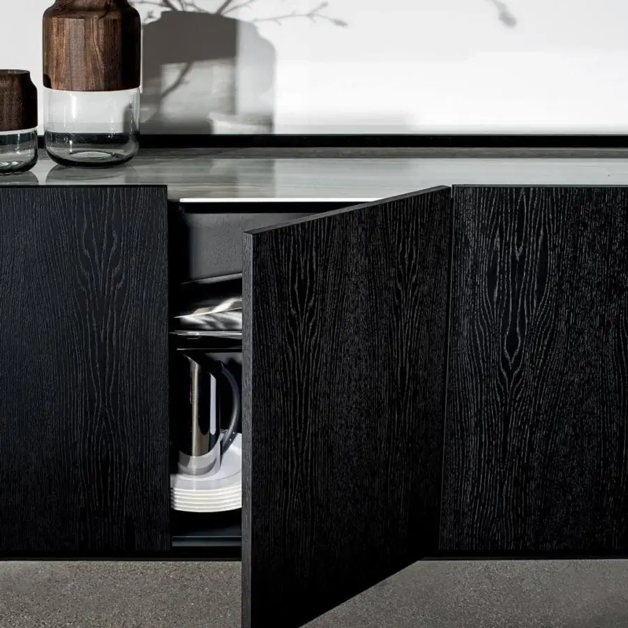 Superior Sovet Italia Madia Slim sideboard in dark wengé-stained oak with a refined textured finish and adjustable glass shelving