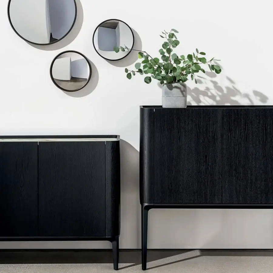 Distinguished Sovet Italia Madia Slim sideboard crafted in oak veneered mdf stained wengé with a uniform matte black finish and visible wood grain