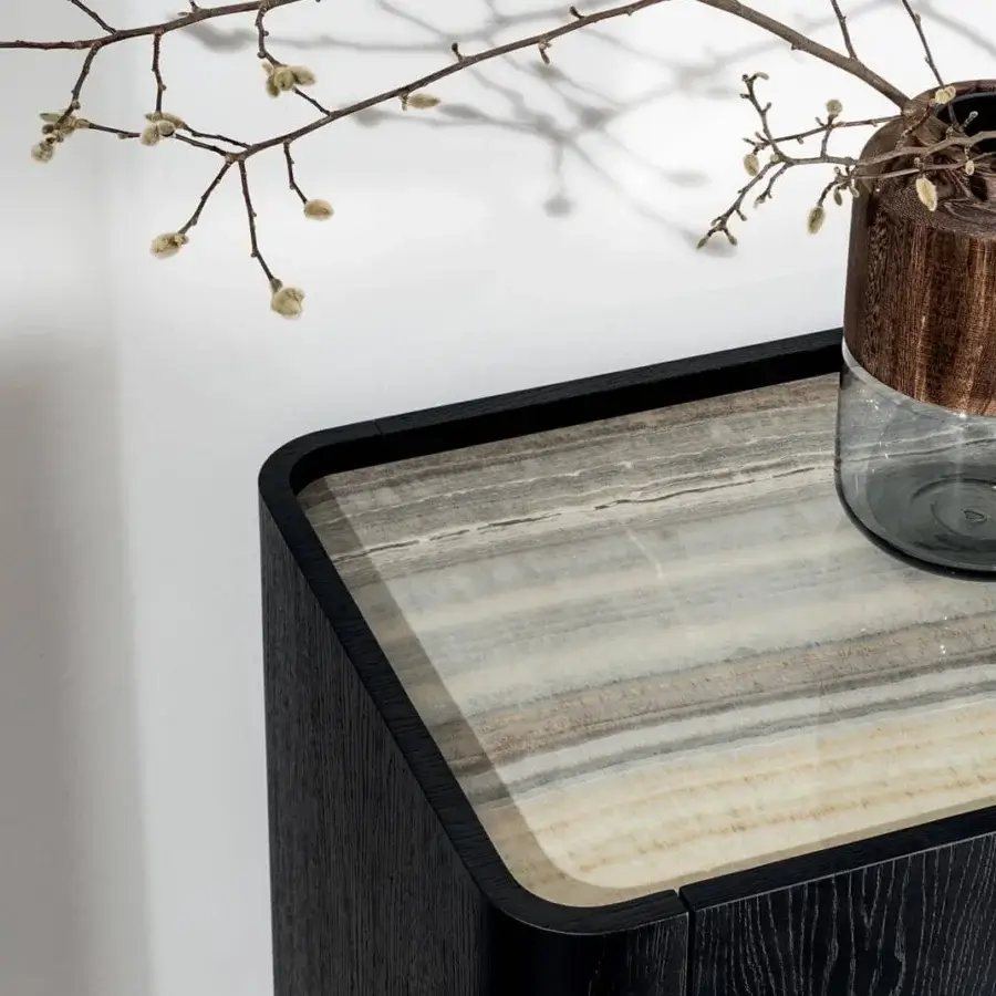 Superior Sovet Italia Madia Slim sideboard with wengé-stained oak and layered ceramic top built with an aluminum base