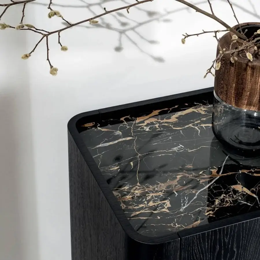 Distinguished Sovet Italia Madia Slim sideboard with Canaletto walnut veneered mdf and refined ceramic top exhibiting black marble-like gold veining