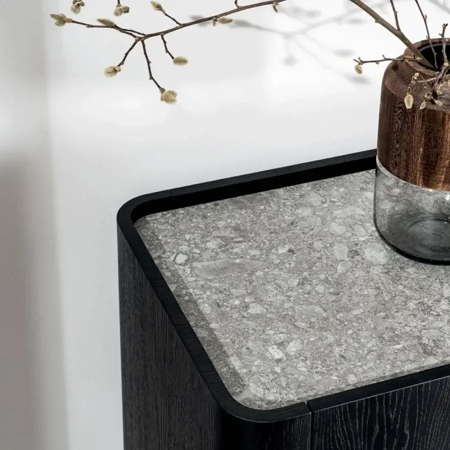 Distinguished Sovet Italia Madia Slim sideboard in wengé-stained oak with a light gray speckled ceramic top and matte finish