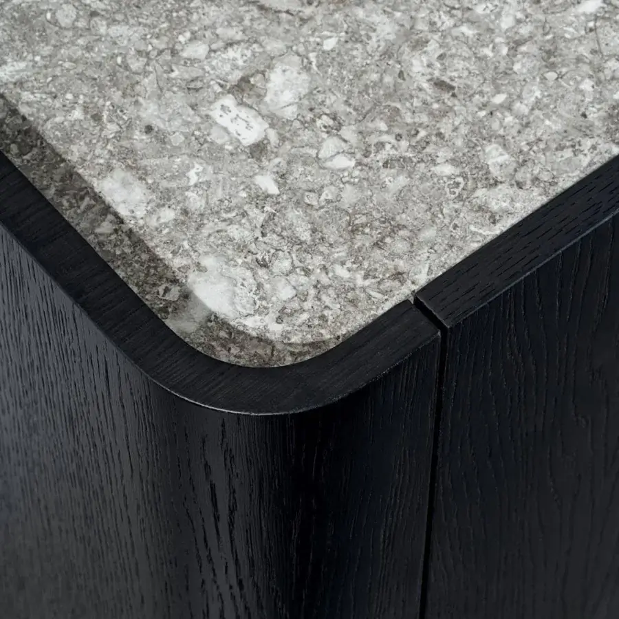 Superior Sovet Italia Madia Slim sideboard in oak veneered mdf stained wengé with a stone-like gray ceramic top surface
