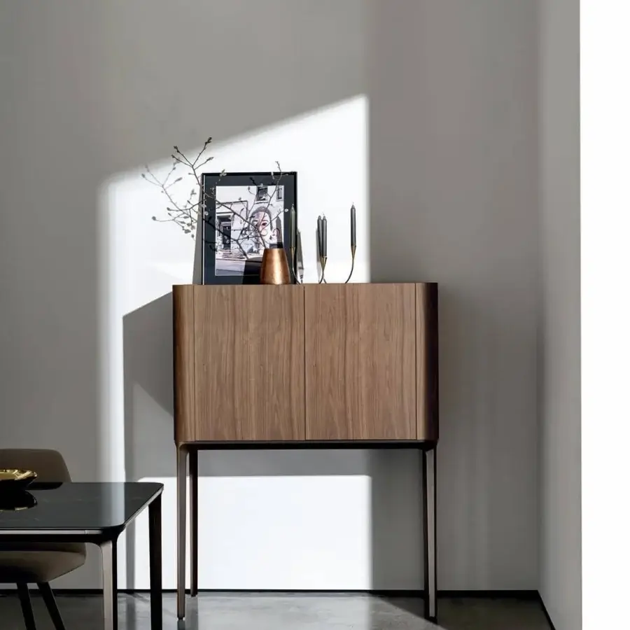 Distinguished Sovet Italia Madia Slim cupboard crafted in Canaletto walnut veneered mdf with an aluminum base finished in medium-toned brown