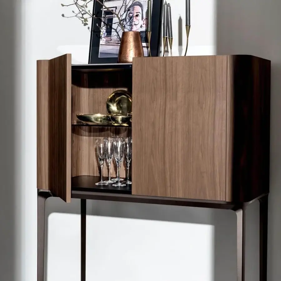 Elegant Sovet Italia Madia Slim cupboard built with Canaletto walnut veneered mdf and net glass top with a warm finish