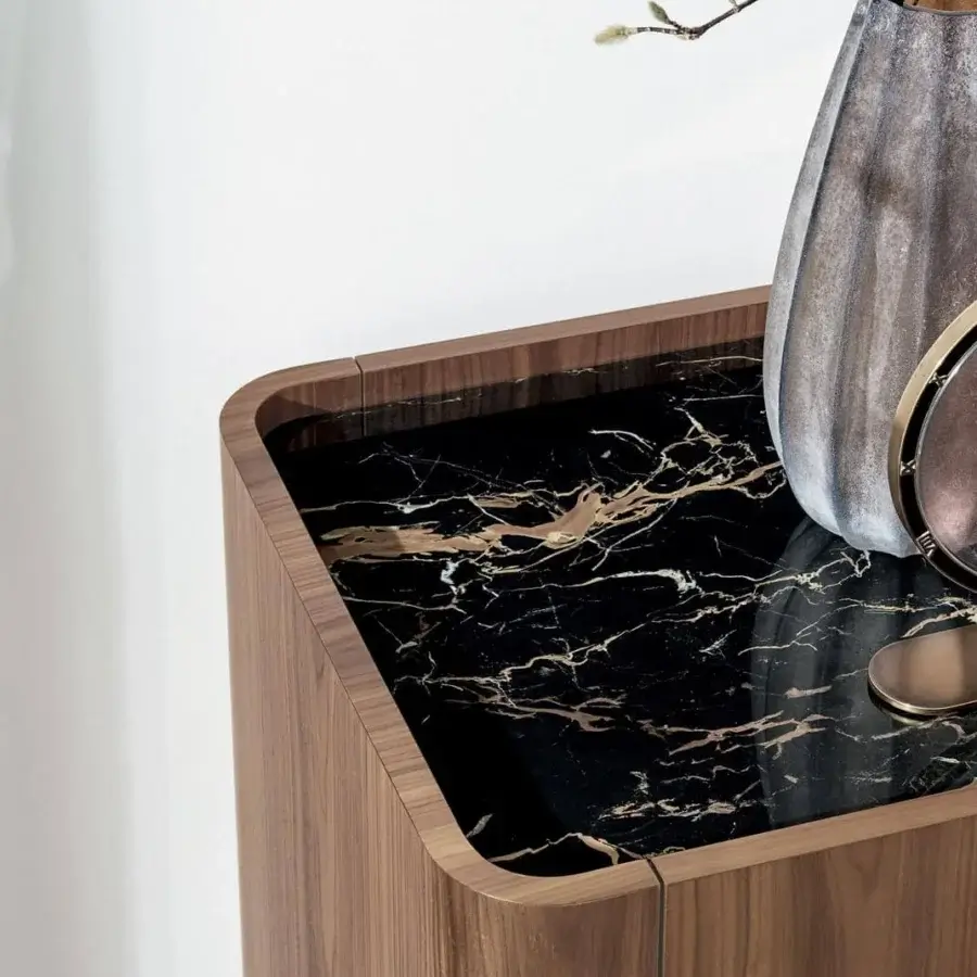 Exceptional Sovet Italia Madia Slim cupboard in Canaletto walnut veneer with a black marble top and gold veining