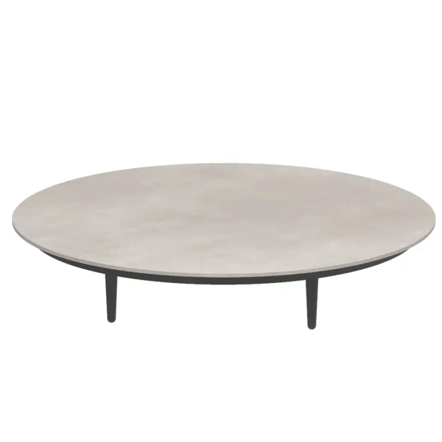 Superior Royal Botania Organix lounge coffee table with uniquely shaped aluminum base and light gray ceramic top in dark matte finish