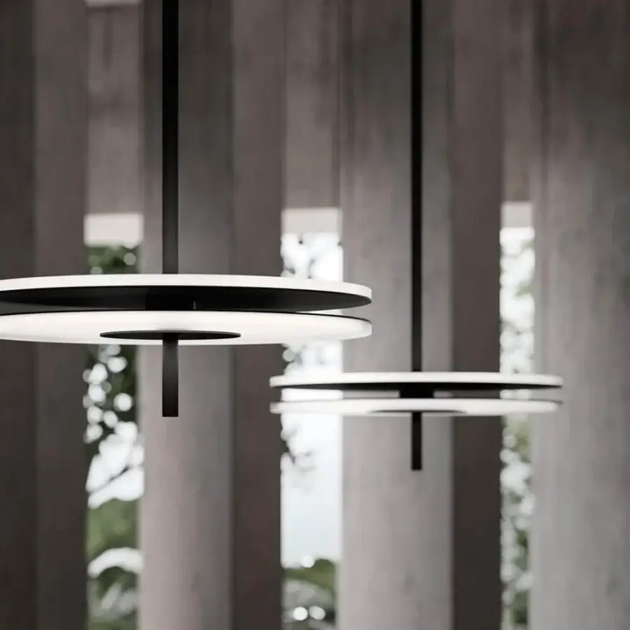 Distinguished VENICEM Soul suspension lamp with refined round diffuser in white satin glass and sleek matt black structure