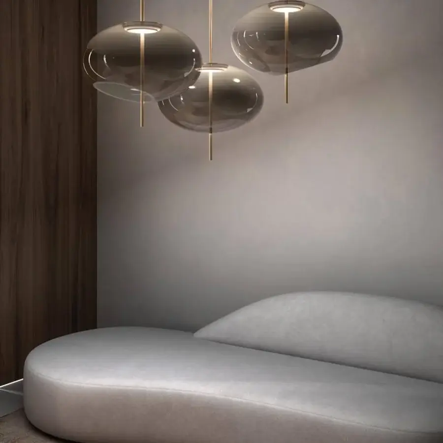 Distinguished VENICEM Trou suspension lamp with a sleek cylindrical rod in burnished brass and smoky grey blown glass diffuser