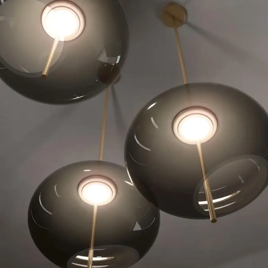 Exceptional VENICEM Trou suspension lamp with burnished brass structure and smoky gray blown glass diffusers