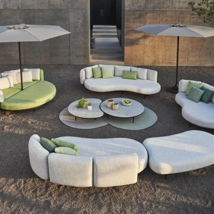Exceptional Royal Botania Organix Lounge sectional with kidney shapes upholstered in light gray and vibrant green textiles with a dark base