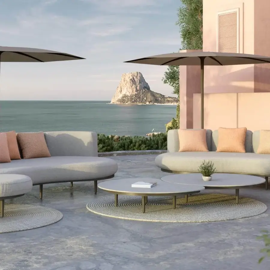 Exceptional Royal Botania Organix Lounge sectional with organic silhouettes upholstered in light gray textile and peach accents with a matte finish