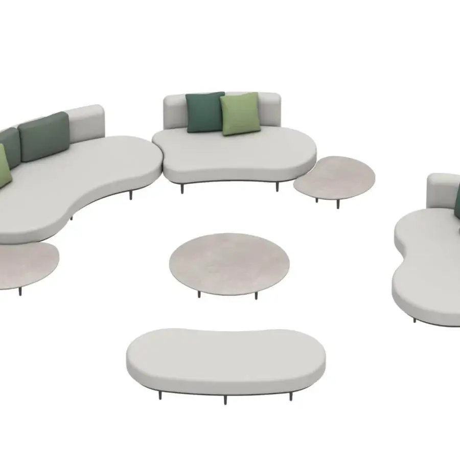 Distinguished Royal Botania Organix Lounge sectional with light gray textile upholstery and dark aluminum base accented with green cushions