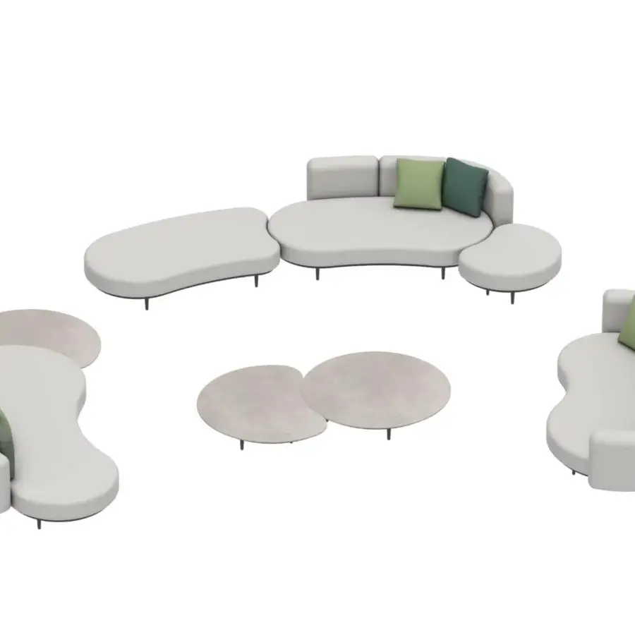 Exceptional Royal Botania Organix Lounge sectional with light gray textile and aluminum base offering kidney shapes for relaxed layouts