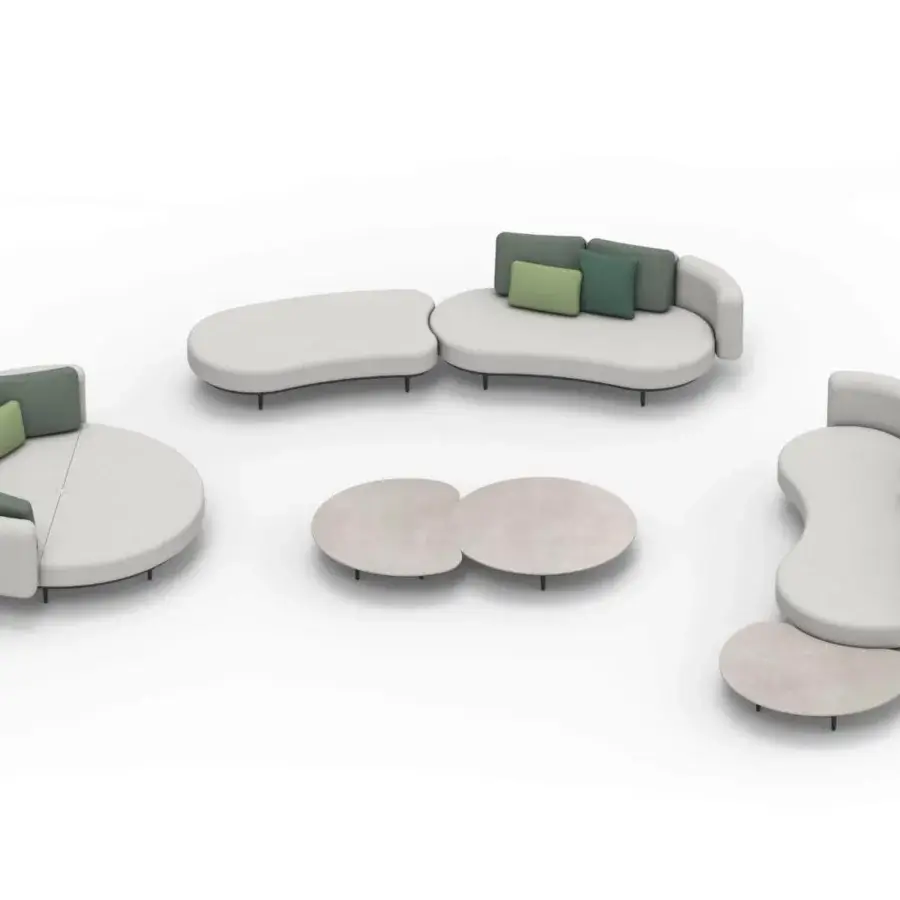 Elegant Royal Botania Organix Lounge sectional with matte off-white textile upholstery and contrasting green cushions built with slim legs