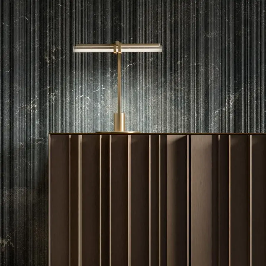 Superior VENICEM Optical Table Lamp with natural burnished brass structure and smooth golden metal finish