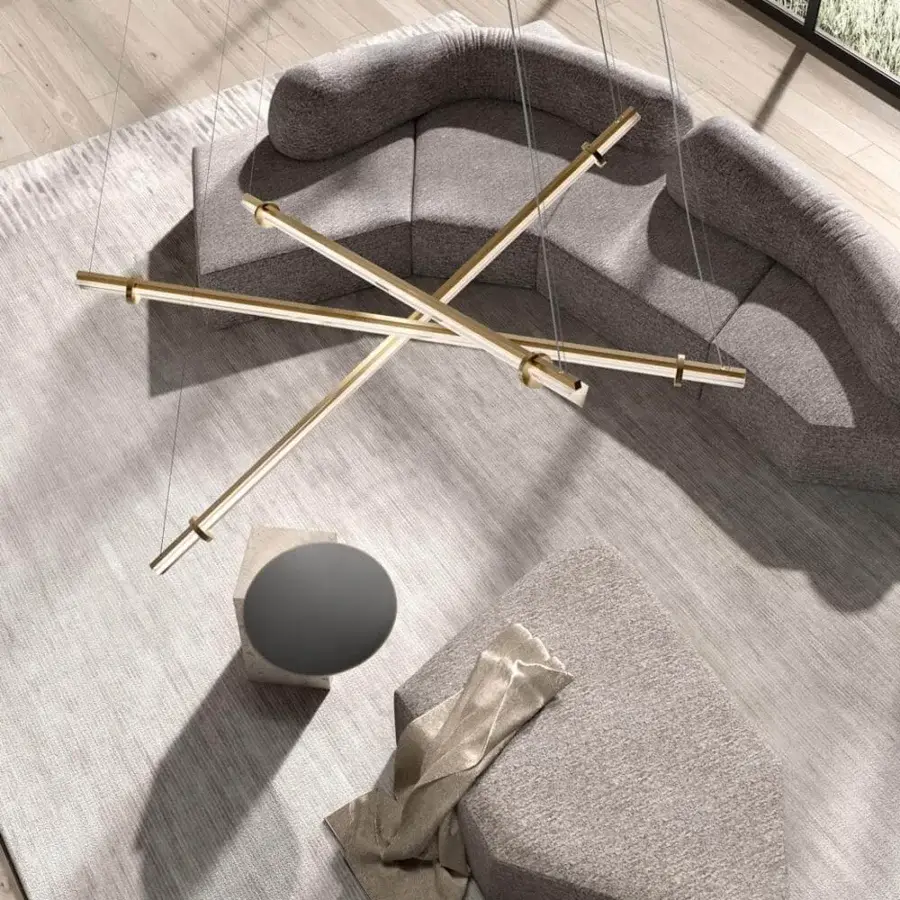 Sophisticated VENICEM Optical Suspension lighting fixture with smoke grey glass triangular trihedron diffusers and natural burnished brass structure