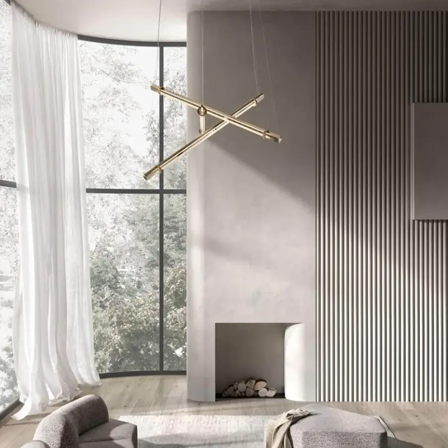 Exclusive VENICEM Optical Suspension lighting with natural burnished brass and matte gold finished cylindrical bars suspended by thin cables