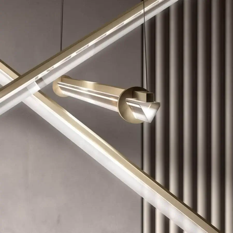 Distinguished VENICEM Optical Suspension lighting with burnished brass and smoke grey triangular trihedron glass diffusers crafted in Italy