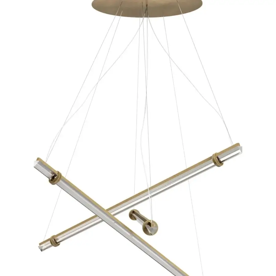 Remarkable VENICEM Optical Suspension lamp with a refined natural burnished brass structure and smoke grey crystal trihedron diffusers