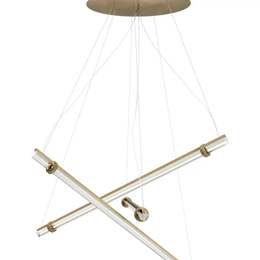 Exclusive VENICEM Optical Suspension lighting with three smoke grey crystal glass triangular trihedron diffusers in burnished brass