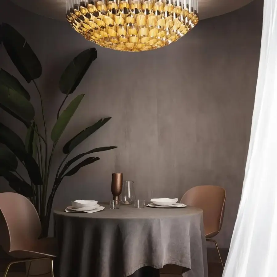 Elegant Slamp Odeon ceiling lamp with concentric crowns of metallic Lentiflex and Goldflex, crafted with a golden interior finish