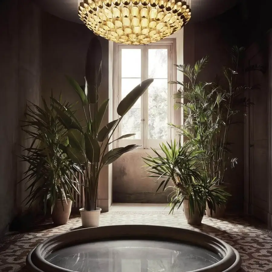 Distinguished Slamp Odeon ceiling lamp crafted in Italy with concentric crowns of metallic Lentiflex and Goldflex, boasting a glossy finish