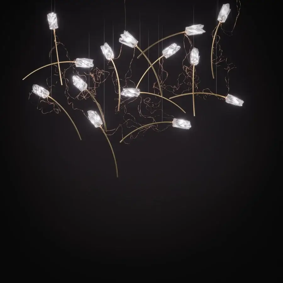 Elegant Slamp Tulip suspension lamp with hand-molded translucent flower buds and refined brushed brass stems interwoven with copper wires
