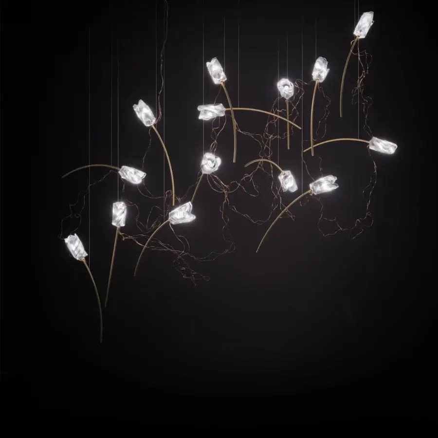 Superior Slamp Tulip suspension lamp with hand-molded translucent blossoms and refined brushed brass stems