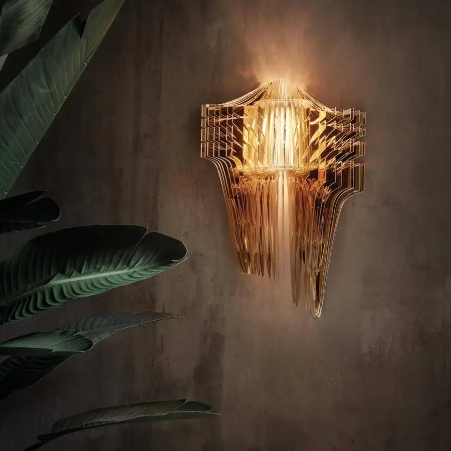 Distinguished Slamp Aria wall lamp crafted in Lentiflex® and Cristalflex® with a warm golden layered form and refractions