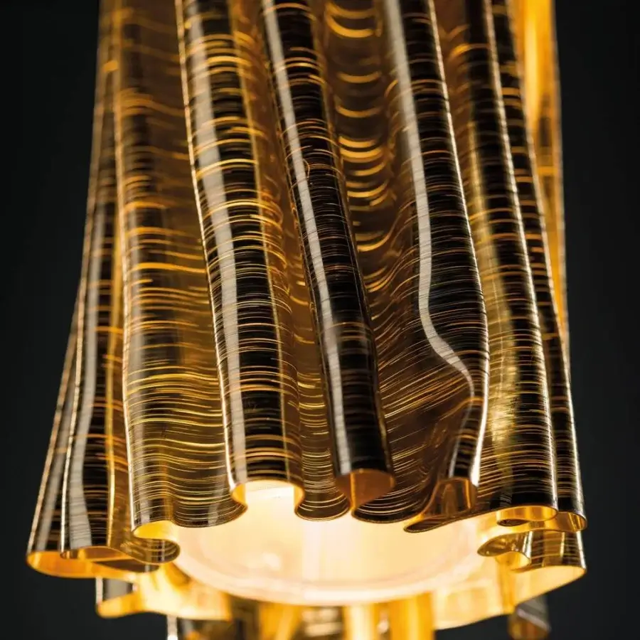 Superior Slamp Accordéon suspension lamp crafted in Italy with gold finish and cylindrical pleated form