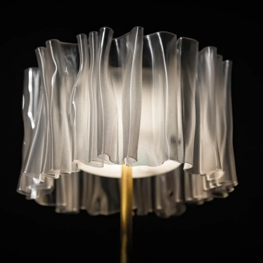 Distinguished Slamp Accordéon battery lamp with transparent strips in satin white and golden semi-matt anodized aluminum stand