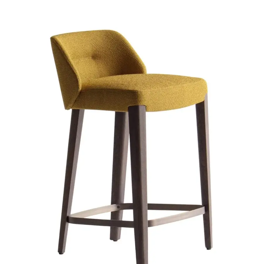 Distinguished Potocco Concha stool with textured mustard yellow textile and dark brown matte solid oak legs