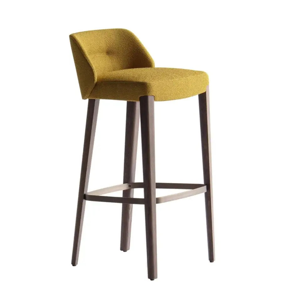 Elegant Potocco Concha stool upholstered in textured mustard yellow textile with solid oak legs