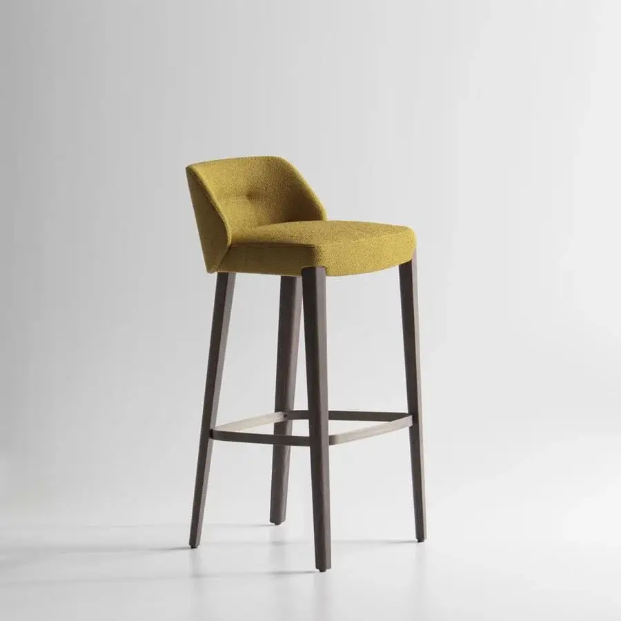 Exceptional Potocco Concha stool with textured yellow upholstery and dark brown finished solid oak legs