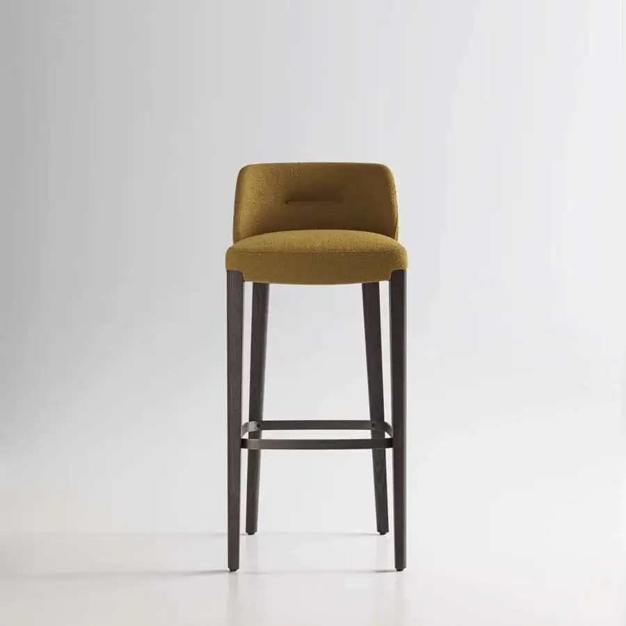Superior Potocco Concha stool with enveloping mustard-yellow textile and dark brown finished solid oak legs