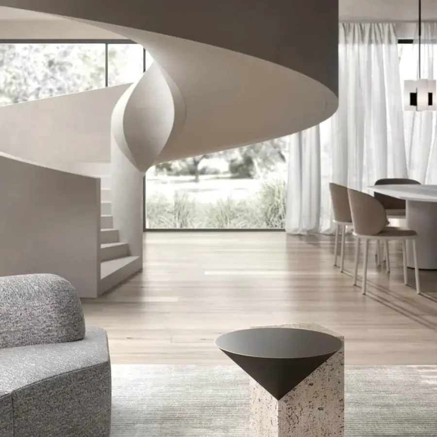 Innovative VENICEM Rock coffee table with light beige striped travertine marble base and dark burnished metal tabletop