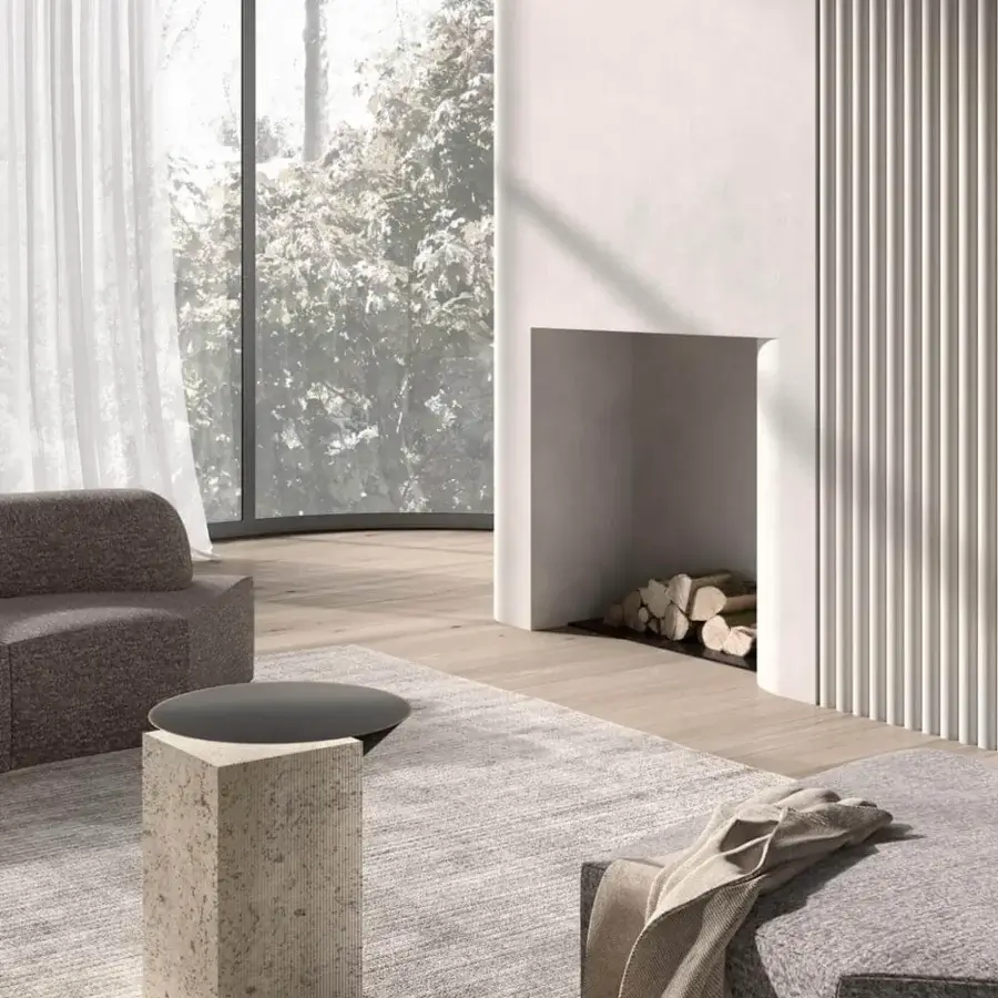 Refined VENICEM Rock coffee table with open pore striped travertine marble and dark burnished metal crafted in Italy