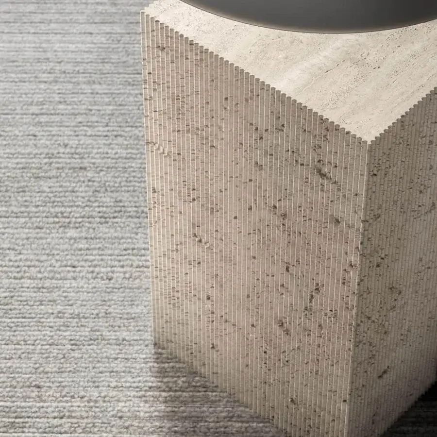 Innovative VENICEM Rock coffee table with open pore striped travertine marble and dark burnished metal top