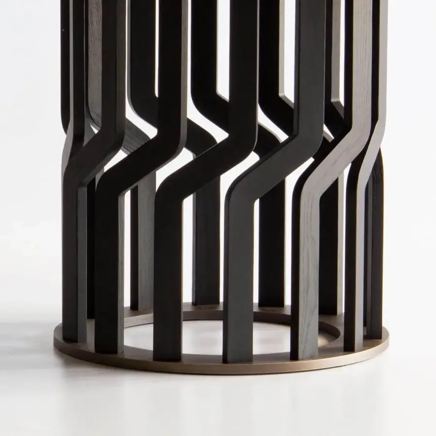Distinguished Potocco Intreccio table with dark solid ash wood base and circular marble top in bronze finish