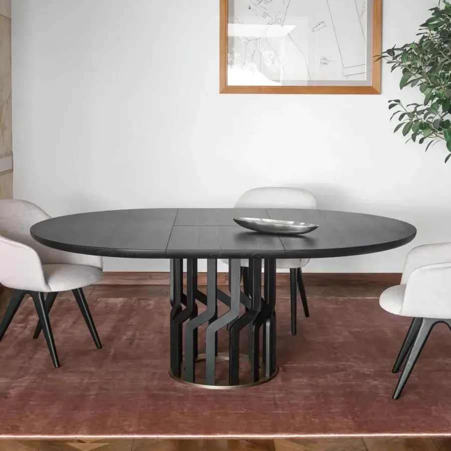 Exceptional Potocco Intreccio table crafted with dark solid ash wood and a brass-toned metal ring accentuating its base
