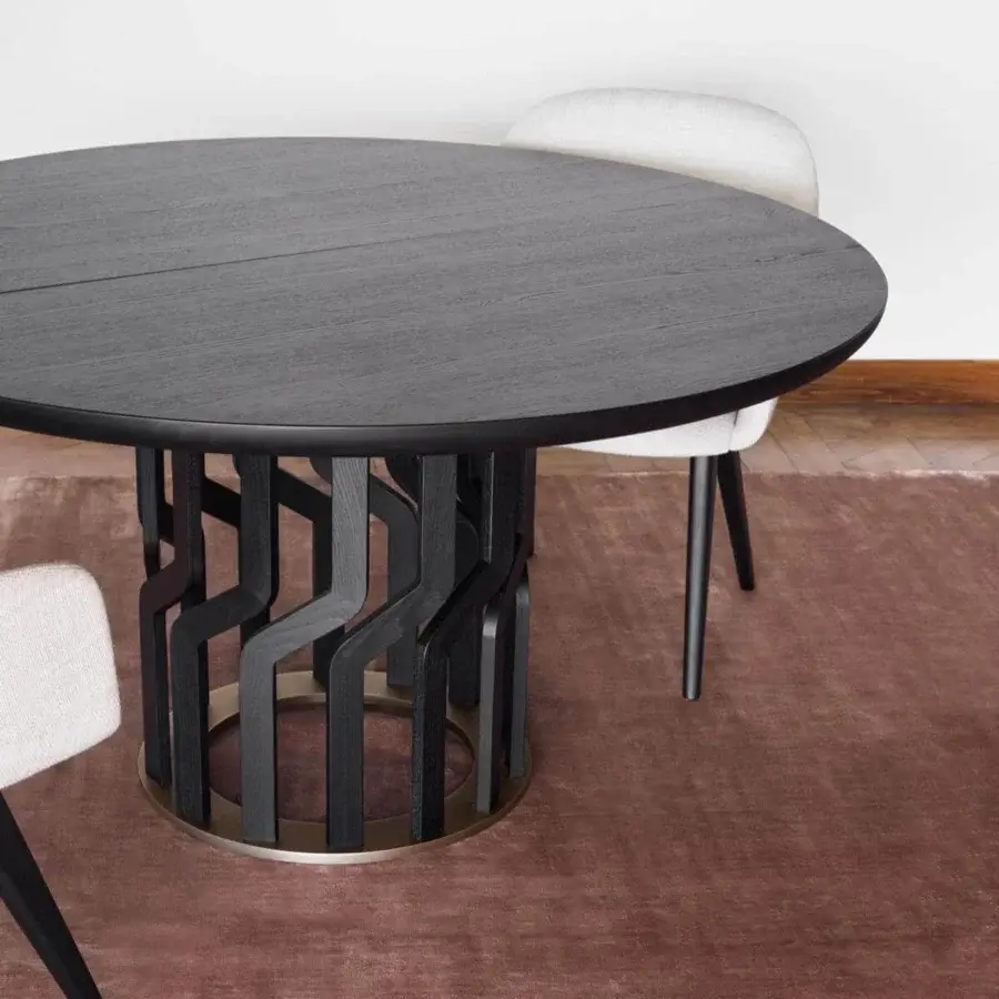 Superior Potocco Intreccio table crafted with a circular top and fourteen shaped solid ash wood elements in a dark matte stain