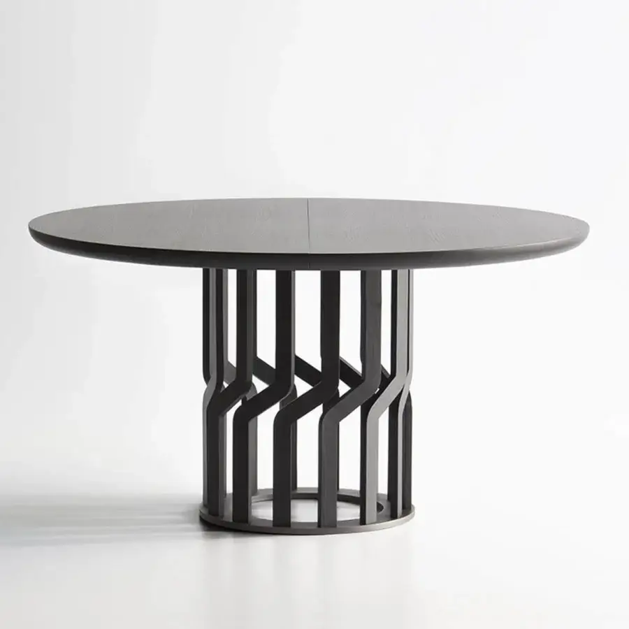 Distinguished Potocco Intreccio table with a circular top and base crafted from 14 shaped solid ash wood elements in a dark matte finish